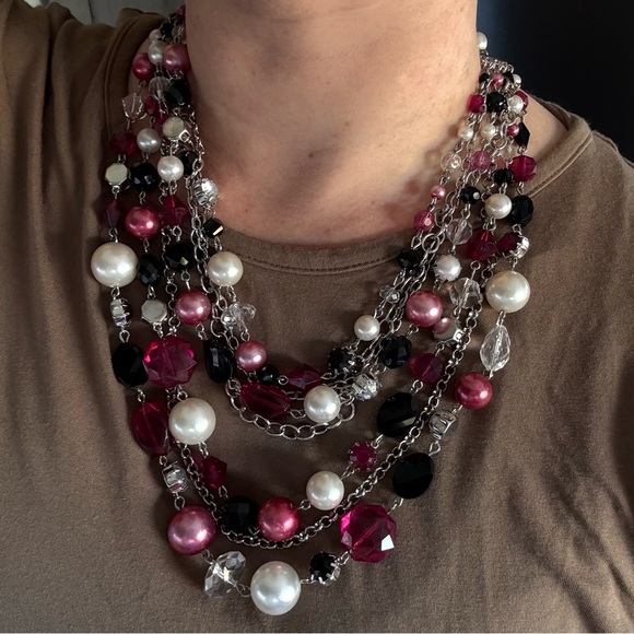 Cocktail chunky statement necklace pink black white pearl crystal multi-strand - Picture 2 of 9